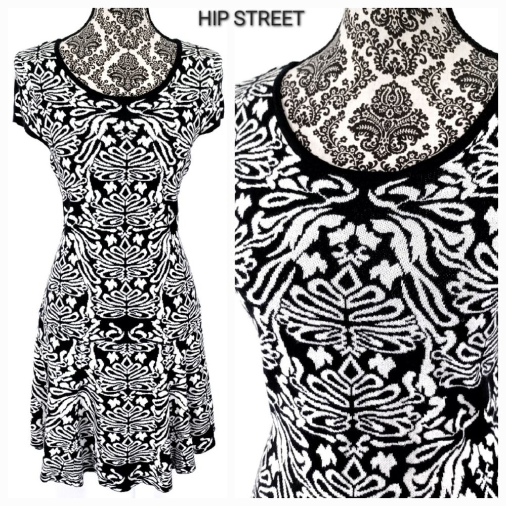ELLE Dress SS Scoop Neck Medallion Print Cotton Blend Sweater Knit Fit & Flare L